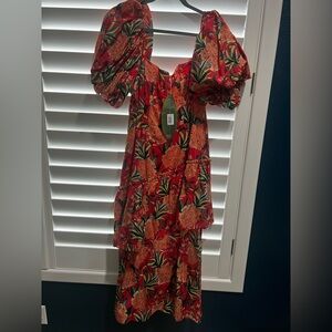 FARM Rio Red and Orange Floral Long Sleeve Dress